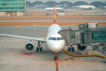Front straight view of the body passenger airplane at the boarding bridge, against the backdrop...
