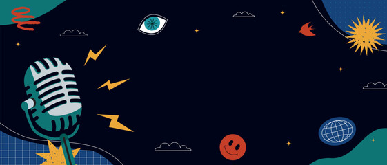Colorful background illustration in minimalist style with retro microphone, different design elements, textured shapes for podcast.
