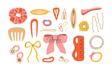 Hand drawn hair accessories. Female hair cartoon scrunchies, headbands, hair tie and elastic bands flat vector illustration set. Hair accessory doodle collection