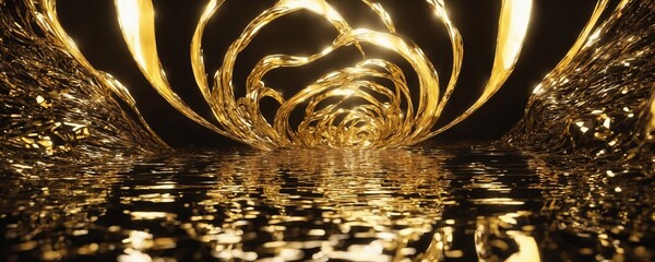 a close up of a gold tunnel with a reflection in the water