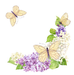 Romantic square frame made of lilac with white butterflies. Card for Mother's Day, Valentine's Day, wedding. Save the date. Template with place for text from spring flowers on a transparent background