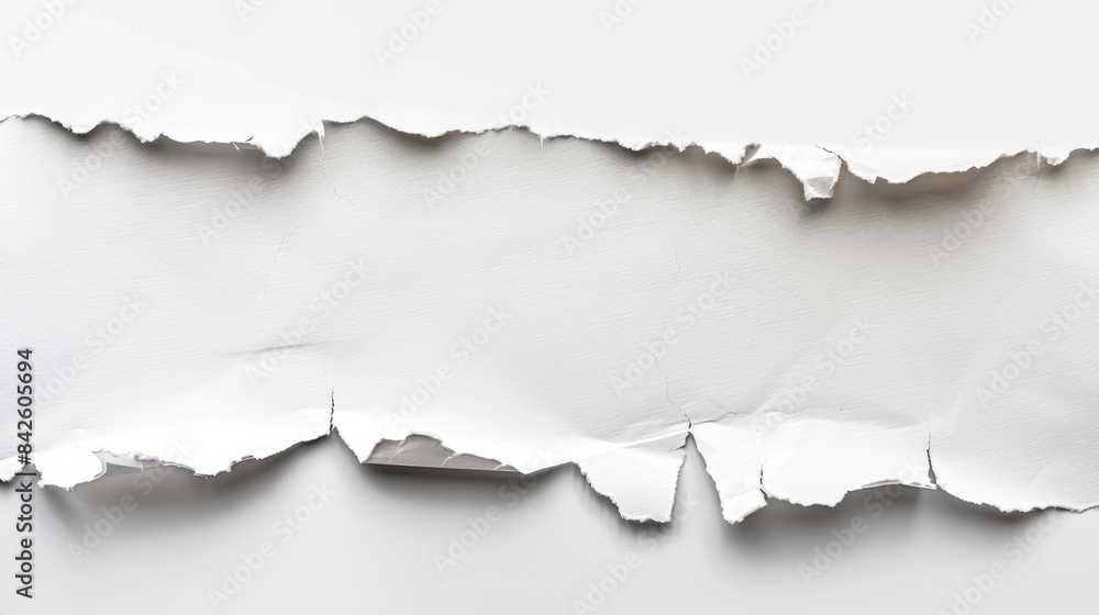 Poster close up image of a torn white piece of paper with space for text isolated torn paper on white backg
