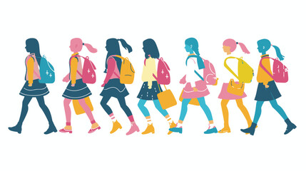 Obraz premium Diverse group girls walking side side, colorful flat design. School children uniforms backpacks, casual clothing, friendship concept. Trendy female students, stylish young characters, education