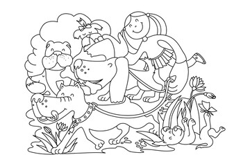 Coloring page. Girl walks the dogs outside. Coloring game for kids. Printable education worksheet. Sketch vector illustration.