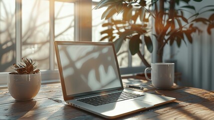 A laptop flat on a table with a blank screen for mockup in a calming, minimal, studio environment with natural lighting and soft shadows. Generative AI.