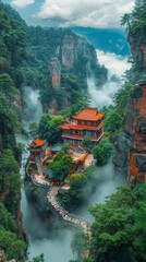 Zhangjiajie National Forest Park, real-life scenery with many tourists, beautiful, blue sky and white clouds, bird's-eye view, movie style, 