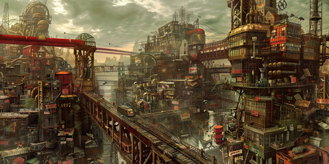 Fototapeta premium Metal Metropolis: The Steel Heart of the Wasteland - A metropolis teeming with life, where the clang of metal and the hum of machinery echo through the streets