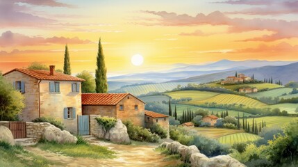 Naklejka premium A painting of a small village with a house and a vineyard