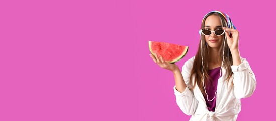 Beautiful young woman holding slice of fresh watermelon on purple background with space for text