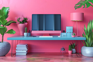 Modern office desk with pink walls, a computer, and various plants, perfect for home office inspiration. Back to School.
