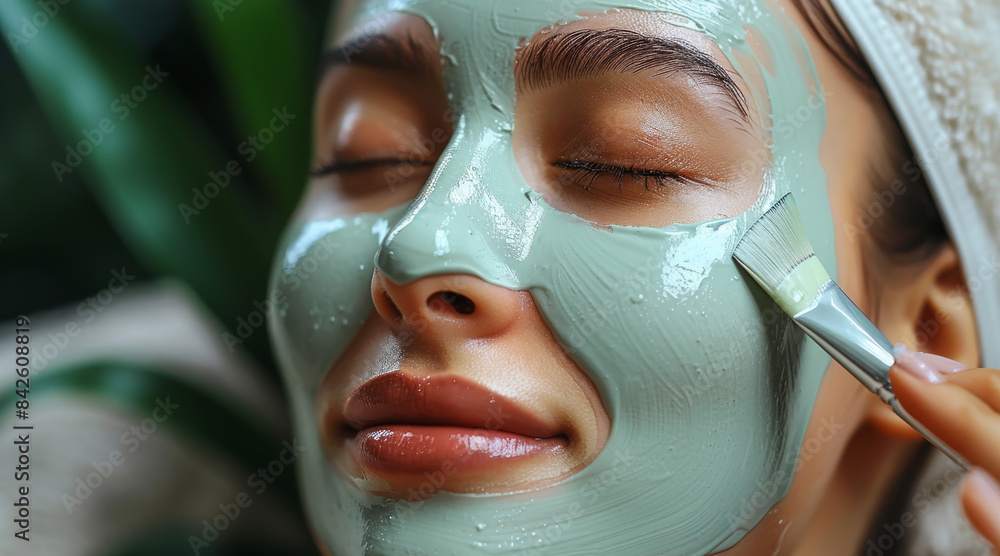 Poster A woman using a facial mask made with hydrating ingredients like aloe vera and hyaluronic acid. Generative AI.