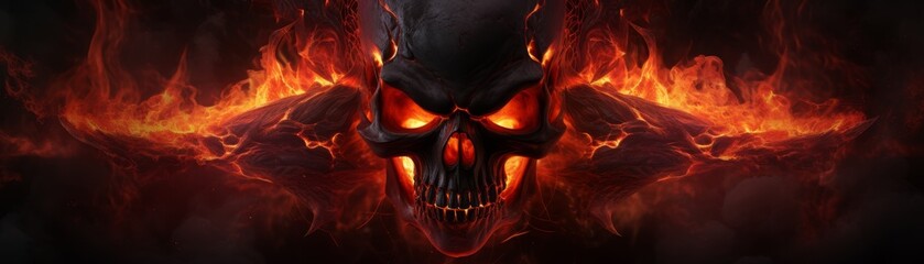 A skull with a fiery face and a flame on top. The skull is surrounded by flames and has a menacing look