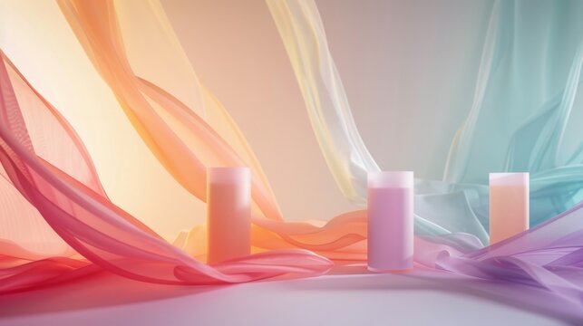 a studio scene with groupage of five product with flying vertical fabric wrapped five product, in style of parfume campaign, modern luxury , gradient color 