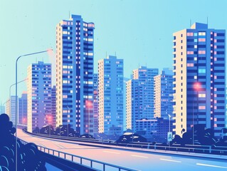 Highway, roadside buildings, high-rise buildings, blue as the main color, simple colors, clean and bright picture, flat, illustrations 