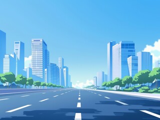 Obraz premium Highway, roadside buildings, high-rise buildings, blue as the main color, simple colors, clean and bright picture, flat, illustrations 