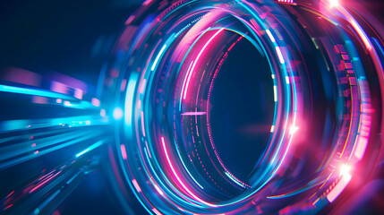 Abstract technology futuristic neon circle glowing blue and pink light lines with speed motion blur effect on dark blue background 