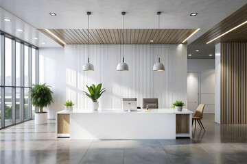 Fototapeta premium White mockup. Corporate with modern business indoors office background for identity logo branding at reception wall in contemporary design.