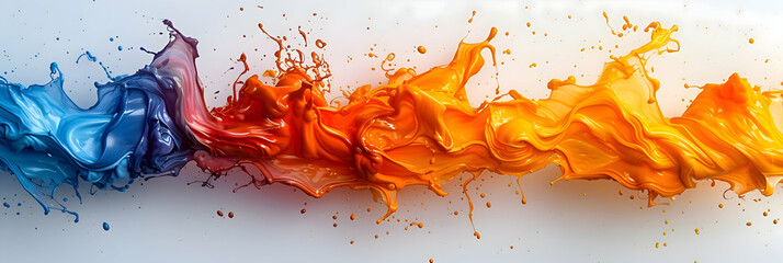 A dynamic burst of colorful paint splashes isolated on a pristine white background