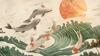 Abstract Japanese Style Artwork with Koi Fish and Vibrant Sunset, Ideal for Home Decor or Print Design