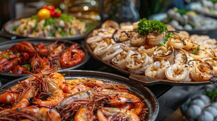 Obraz premium A seafood buffet spread featuring an array of grilled squid dishes, offering diners a taste of coastal delicacies.