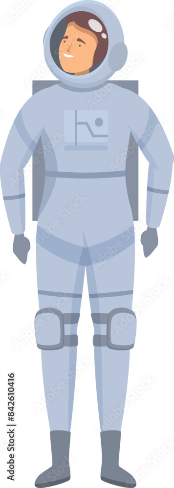 Poster smiling astronaut wearing spacesuit standing upright posing for camera