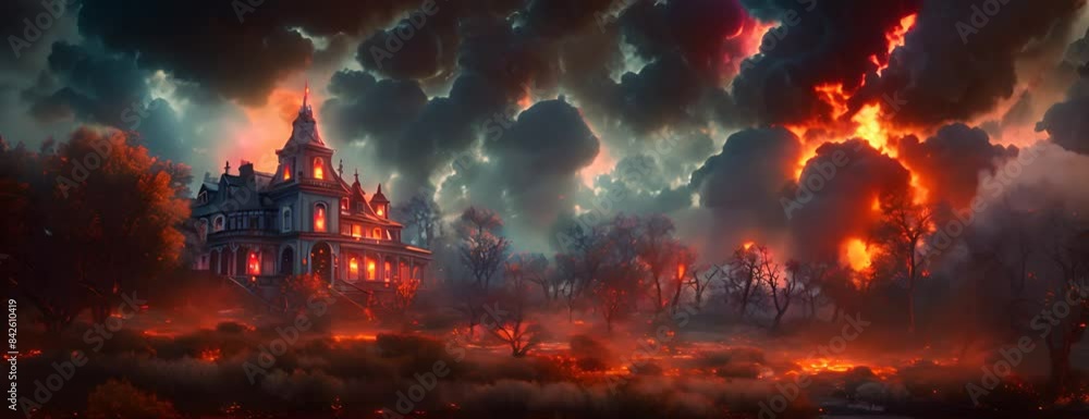 Wall mural spooky haunted house with a full moon sky. eerie halloween background with a derelict mansion. 4k vi