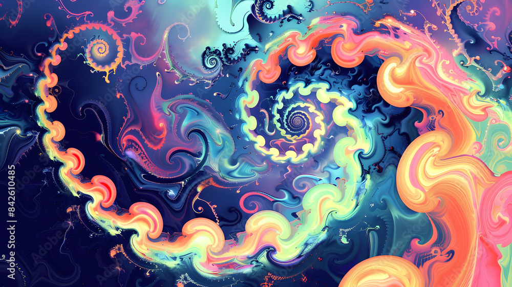 Poster abstract vivid panorama with flowing figures and spirals. 3d depiction. colorful oscillations in ind