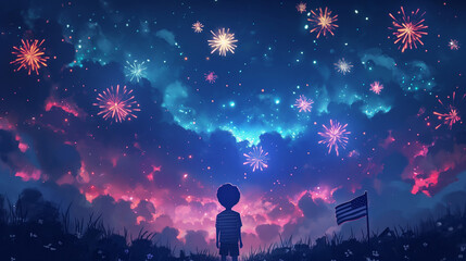 boy with American national flag  looking at starry night sky, dreamy whimsical atmosphere with copy space, 4th of July concept