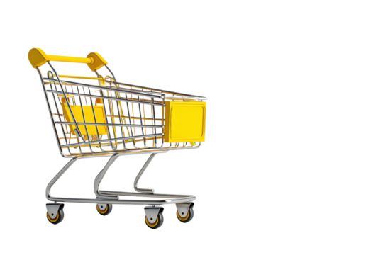 A yellow shopping cart with a yellow box inside, isolated on white background. The cart is a 3D model and is tilted slightly to the right.