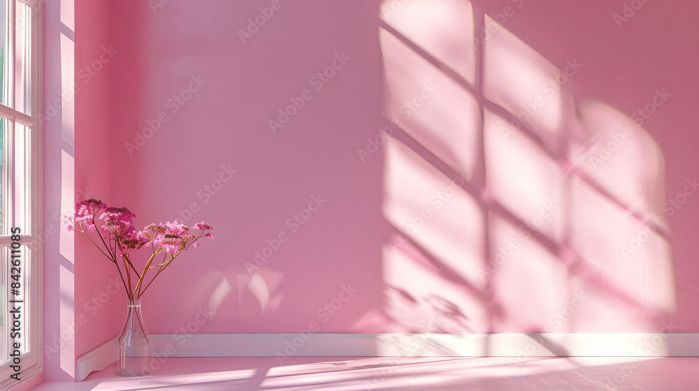 Poster abstract window light shadow on pink wall background for product presentation empty mockup with spac