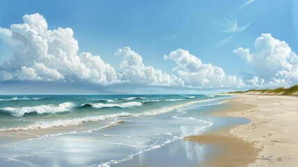 Fototapeta premium A serene beach scene with soft sand and gentle waves, framed by fluffy white clouds drifting in a clear blue sky.