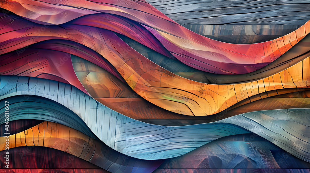 Poster abstract wooden background with colourful waves and lines. composition for design or presentation. d