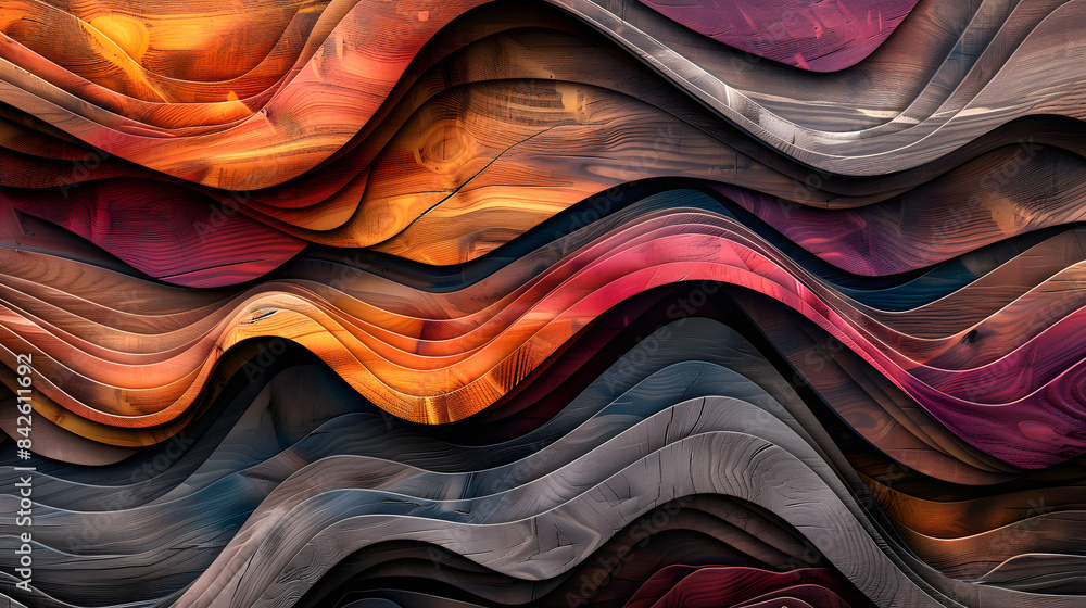 Poster abstract wooden background with colourful waves and lines. composition for design or presentation. d