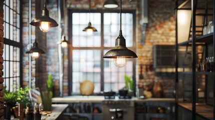 A set of industrial-style lamps hanging from the ceiling in a trendy loft apartment, adding a chic touch.