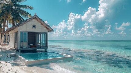 Fototapeta premium A tiny beach house on a tropical beach. small swimming pool. Generative AI.