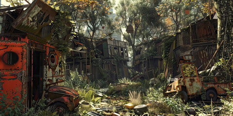 Fototapeta premium Rustic Refuge: Life in a Scrap City - Life in a city where rusted metal structures and makeshift buildings form the landscape