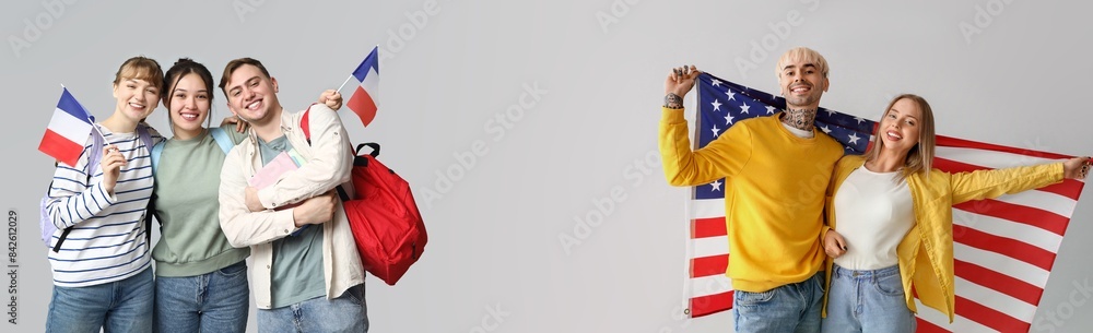 Canvas Prints Banner with young people with flags of USA and France on grey background