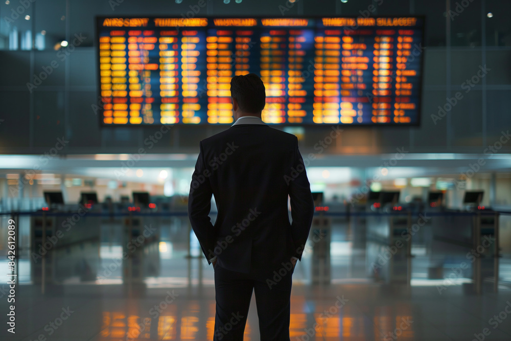 Poster a man in a suit is looking at a large display of flight information. the man is focused and attentiv