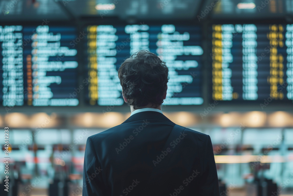 Poster a man in a suit is looking at a large display of flight information. the man is focused and attentiv