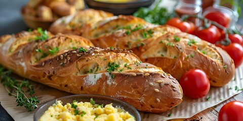 Closeup of traditional French breakfast with fresh baguettes on craft paper. Concept Food Photography, French Cuisine, Fresh Bread, Breakfast Spread