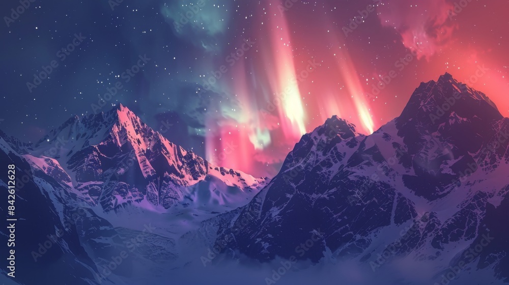 Poster a snow-covered mountain range silhouetted against the glowing aurora borealis, creating a dramatic a