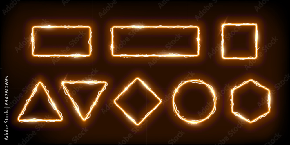 Poster neon gold frames set with electro flash of lightning vector illustration. abstract yellow square cir