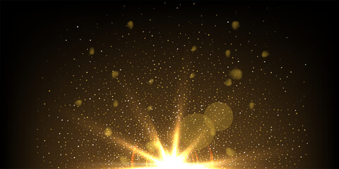 Flashlight of magic light with golden beams, spark and glitter vector illustration. 3D realistic gold glow and glare of star, shine of bright rays of energy and highlights on dark night background