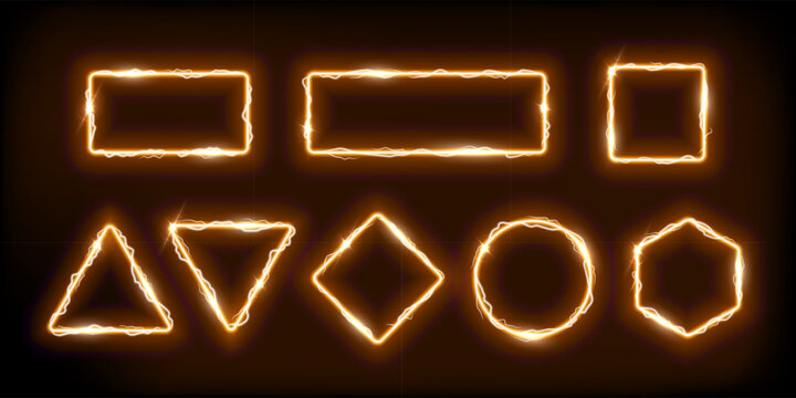 Neon gold frames set with electro flash of lightning vector illustration. Abstract yellow square circle rectangle rhombus hexagon fantasy gates with flare and glow electricity light effect on borders