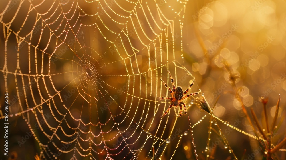 Poster a spider weaving its web in the early morning light, with dew drops highlighting the silk threads.
