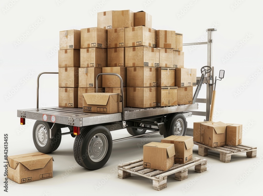 Poster a hand truck with boxes on it is next to the pallet with an illustration of mail in envelopes, on wh