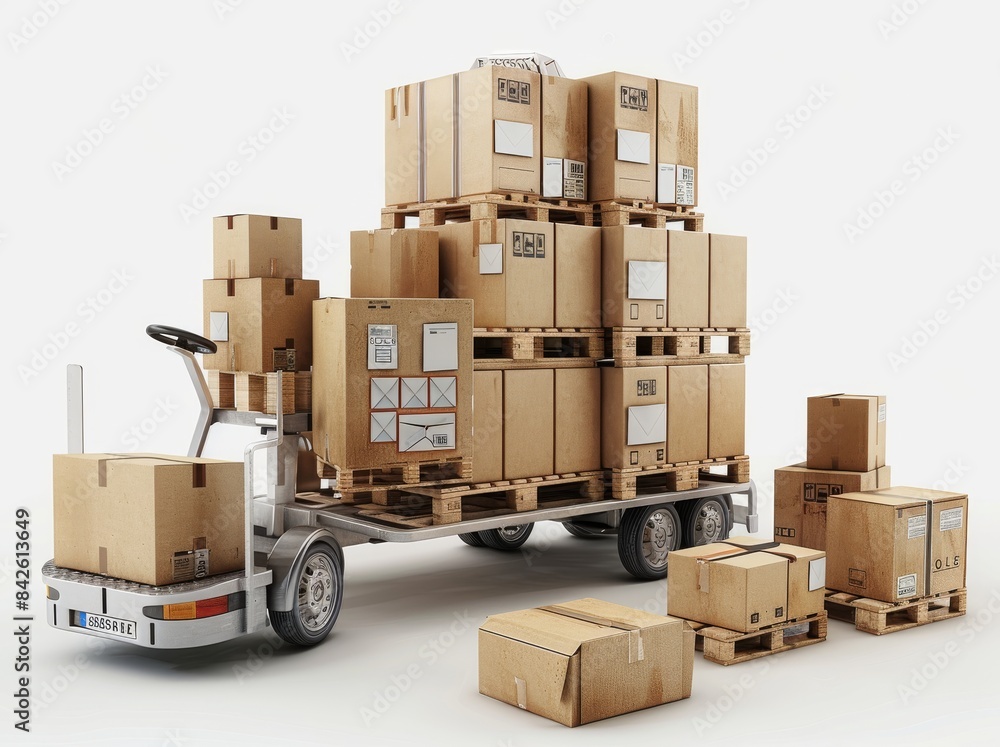 Poster a hand truck with boxes on it is next to the pallet with an illustration of mail in envelopes, on wh