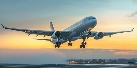 Obraz premium Commercial plane taking off with visible landing gear against dusky sky. Concept Aviation, Airplane Photography, Takeoff, Landing Gear, Dusk Sky