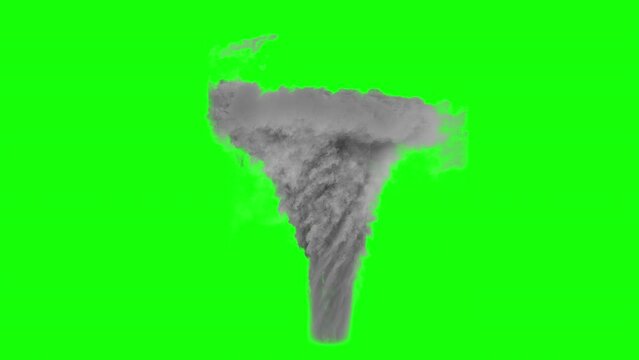 a tornado on a green background. 3d animation of a big tornado. an isolated cyclone. cyclone visual effect