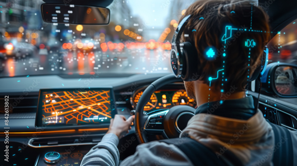 Poster A male is driving a car with a navigational map displayed in the holographic UI in front of him. Generative AI.